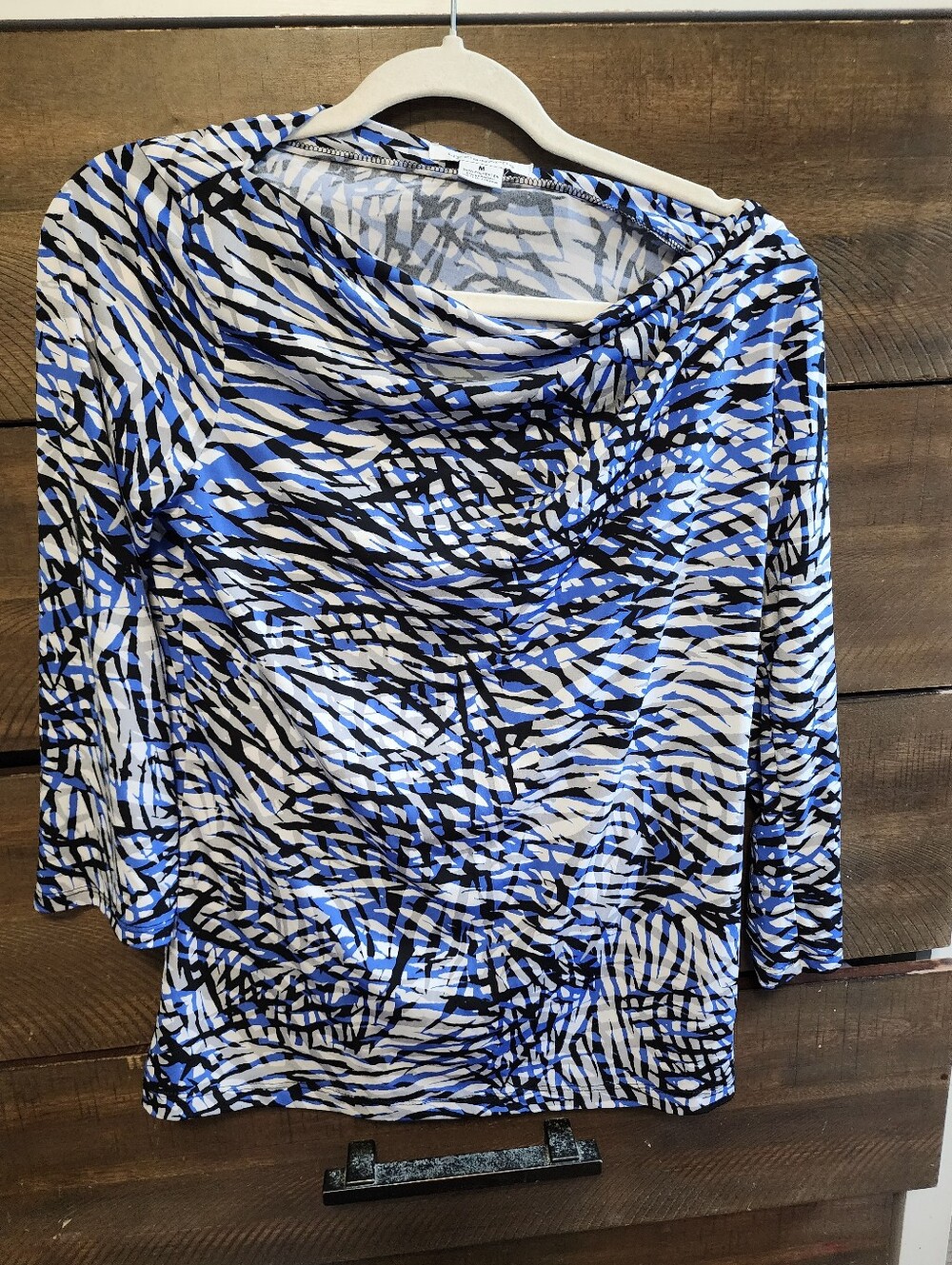 Liz Claiborne Blue, White & Black Patterned Boatneck Top